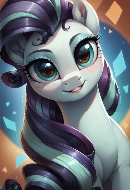 score_9, score_8_up, score_7_up, score_6_up, score_5_up, score_4_up, my little pony, ((feral pony)), ((Coloratura)), 1girl, ((solo)), (sexy), beautiful, detailed, (detailed cute pony face), detailed eyes, detailed fur, detailed hooves, beautiful, vector, flat colors, (beautiful long eyelashes), (beautiful hooves), (abstract background:1.8), (looking at you, looking at viewer:1.5), smile, happy, ((close-up)), high angle