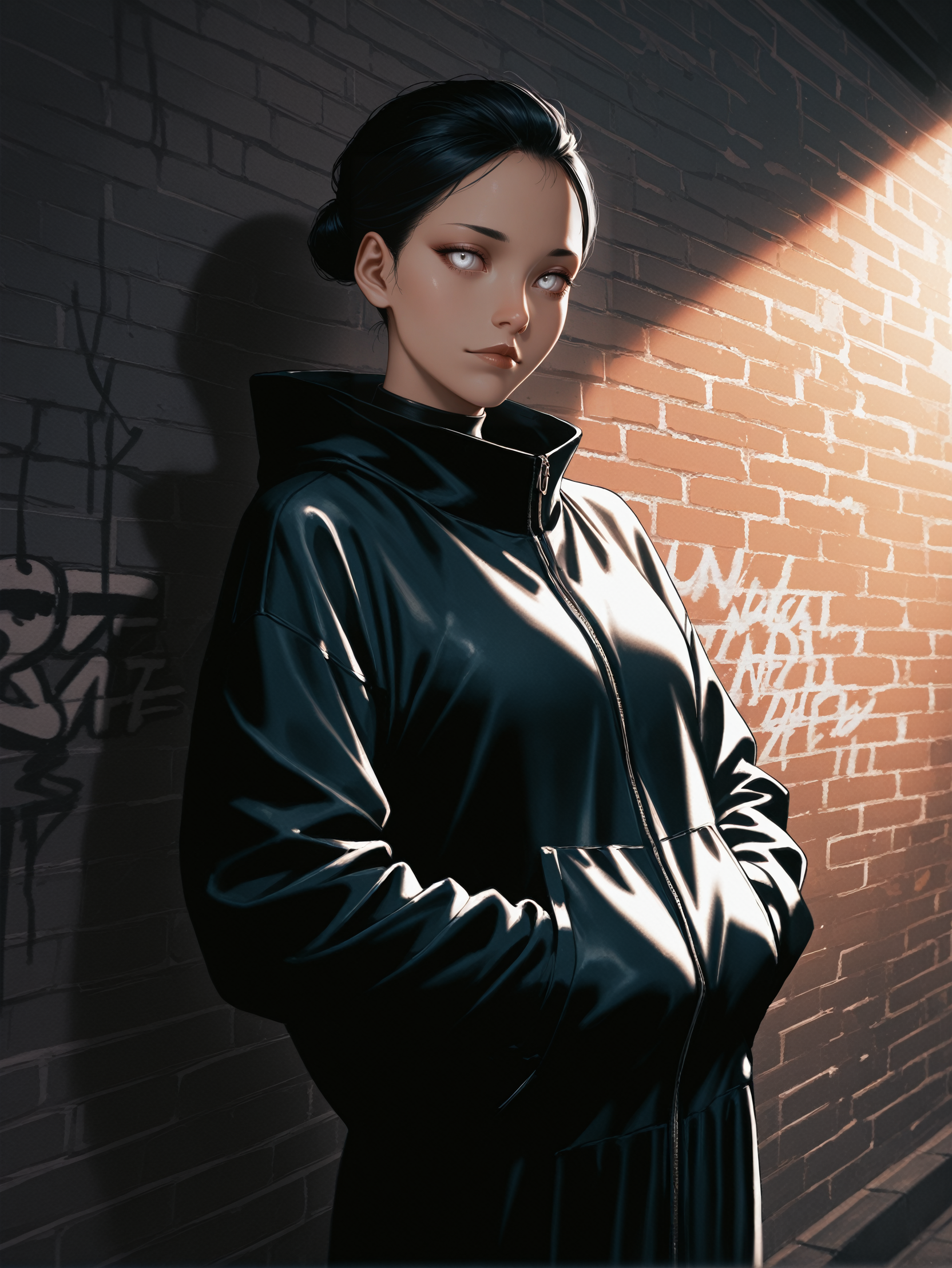 masterpiece, best quality, absurdres,
<lora:ILCyberHanako:1.0>
CyberHanako, 1girl, black hair, white eyes, looking at viewer, leaning against a brick wall, hands in jacket pockets, urban alleyway with graffiti art, moody lighting with shadows, edgy and modern vibe