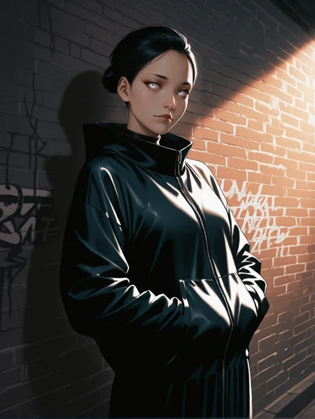 masterpiece, best quality, absurdres,
<lora:ILCyberHanako:1.0>
CyberHanako, 1girl, black hair, white eyes, looking at viewer, leaning against a brick wall, hands in jacket pockets, urban alleyway with graffiti art, moody lighting with shadows, edgy and modern vibe
