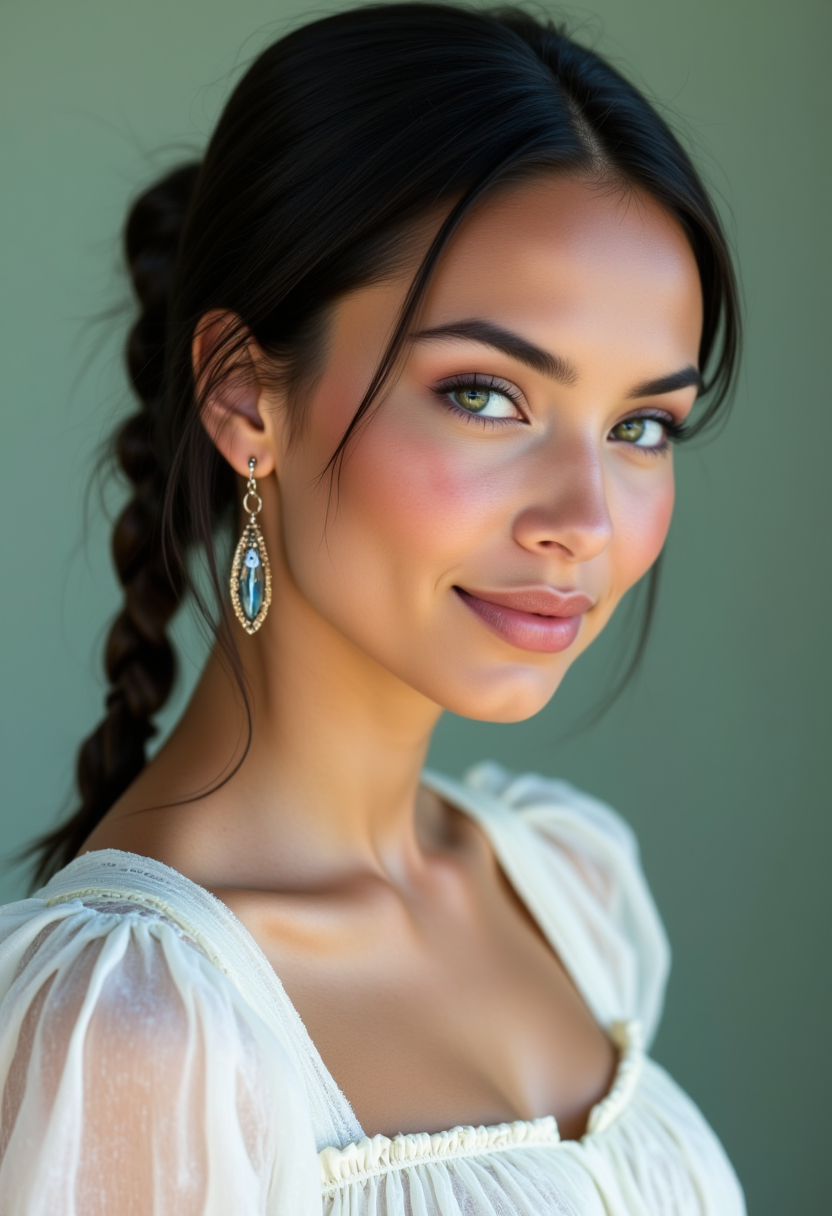 She is approximately 18 years old. Hyperrealism, she is looking at the camera, (dynamic angles), profile headshots of a beautiful, stunning unique female character.  she has braid dark hair. her eyes are filled with joy and excitement, extravagant eyelashes. a photo of Maid3n, she is wearing a white frilly shirt. The woman is posing confidently. simple sage green colored background. She has a slight smile on her face and is looking directly at the camera. making this image a masterpiece of photography and digital art. realistic. making this image a masterpiece of photography and digital art. Style: realistic hyper-detailed rendering, 32k UHD, expressive eyes, punk, graphic design, girl's face, pretty and cute, gleaming lips, telling a tale of adventure. Exuding confidence and serenity. The overall mood of the image is happy and relaxed,detailed skin texture,(blush:0.2),(goosebumps:0.3),subsurface scattering,whimsical,Detailed hand, Perfect hand. Perfection style.