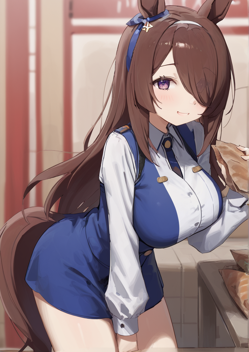 1girl, rice shower (umamusume), huge breast, :d, animal ears, bag, baguette, between legs, blurry, blurry background, blush, bread, breasts, brown hair, cowboy shot, food, hair over one eye, hairband, hand between legs, horse ears, horse girl, indoors, kobeya uniform, long hair, looking at viewer, paper bag, purple eyes, smile, solo, <lora:ãã¯ãSyHan:1>