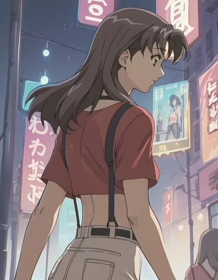 score_9, score_8_up, score_7_up, source_anime, <lora:tomoko-ponyxl:0.9> 1girl, tomoko, (purple hair:0.5), crop top, red shirt, suspenders, walking, from side, city lights