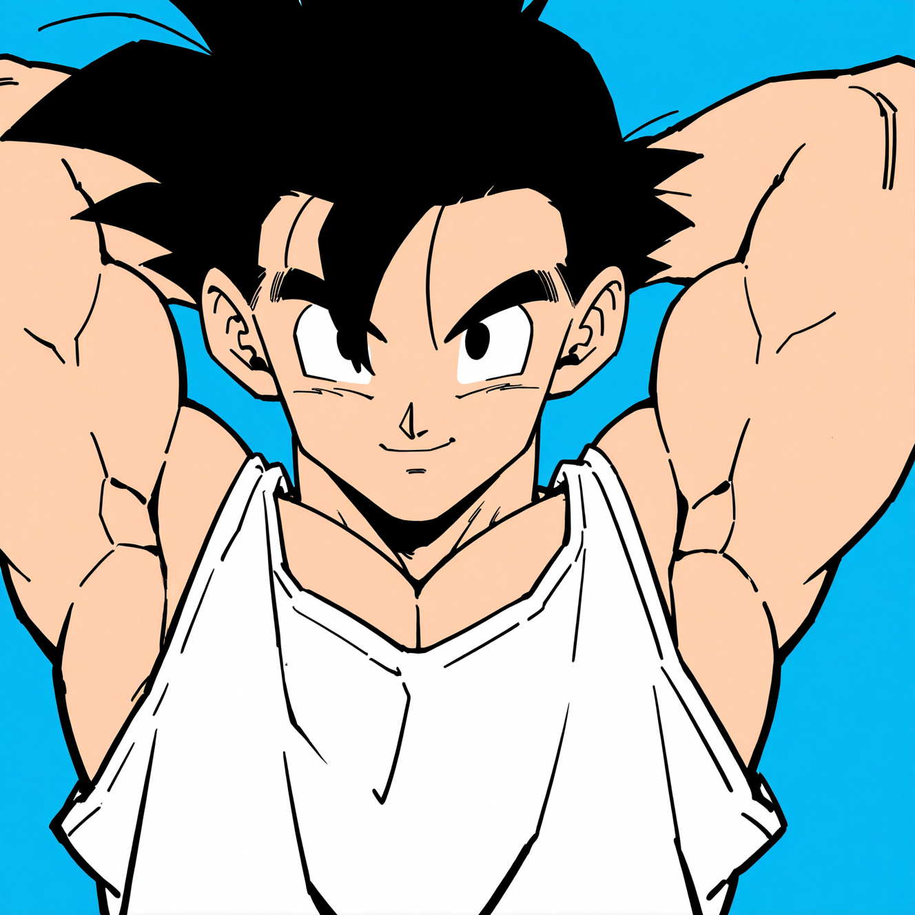 <lora:GOHAN:1>
gohan, solo, looking at viewer, short hair, black hair, 1boy, closed mouth, upper body, male focus, lying, armpits, black eyes, arms up, muscular, blue background, expressionless, tank top, spiked hair, arms behind head, close-up, retro artstyle, white tank top, smile, simple background
, motion blur, film grain, abstract, natural lighting, fantasy, cinematic, dynamic view, tilted angle, very awa, masterpiece, best quality, absurdres, newest, perfect quality, detailed background, intricate details, (artist:fl \(l-fl\):0.7), (artist:tooboshoo:0.7), (artist:dizdoodz:0.8)