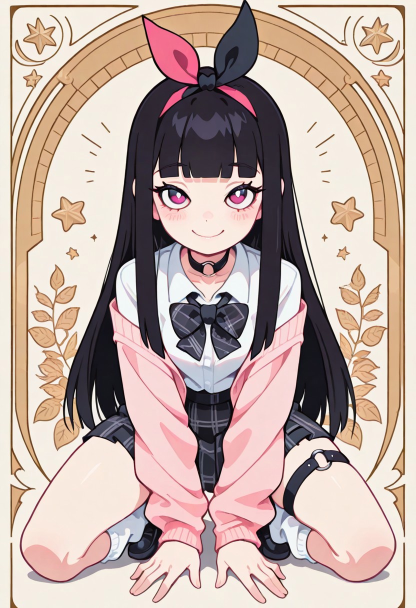 1 girl , solo , blushing , closed mouth , bratty smile , eyelashes , cute , long straight hair , blunt bangs , winking , star , ribbon , hair ribbon , 
slim , slender , 
thigh strap, choker, o-ring choker, pink cardigan, bowtie, white shirt, tucked in, plaid skirt, pleated skirt, white socks, loose socks, black footwear, 
full body view, kneeling, spread legs, leaning forward, 
from front, front view, straight-on, look at viewer, 
masterpiece, best quality ,amazing quality ,S4bit4mago_illu , Protoneon  ,s0wasow4rt_illu, t1m3r