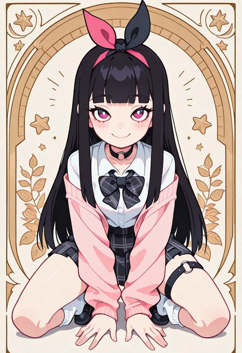 1 girl , solo , blushing , closed mouth , bratty smile , eyelashes , cute , long straight hair , blunt bangs , winking , star , ribbon , hair ribbon ,
slim , slender ,
thigh strap, choker, o-ring choker, pink cardigan, bowtie, white shirt, tucked in, plaid skirt, pleated skirt, white socks, loose socks, black footwear,
full body view, kneeling, spread legs, leaning forward,
from front, front view, straight-on, look at viewer,
masterpiece, best quality ,amazing quality ,S4bit4mago_illu , Protoneon ,s0wasow4rt_illu, t1m3r