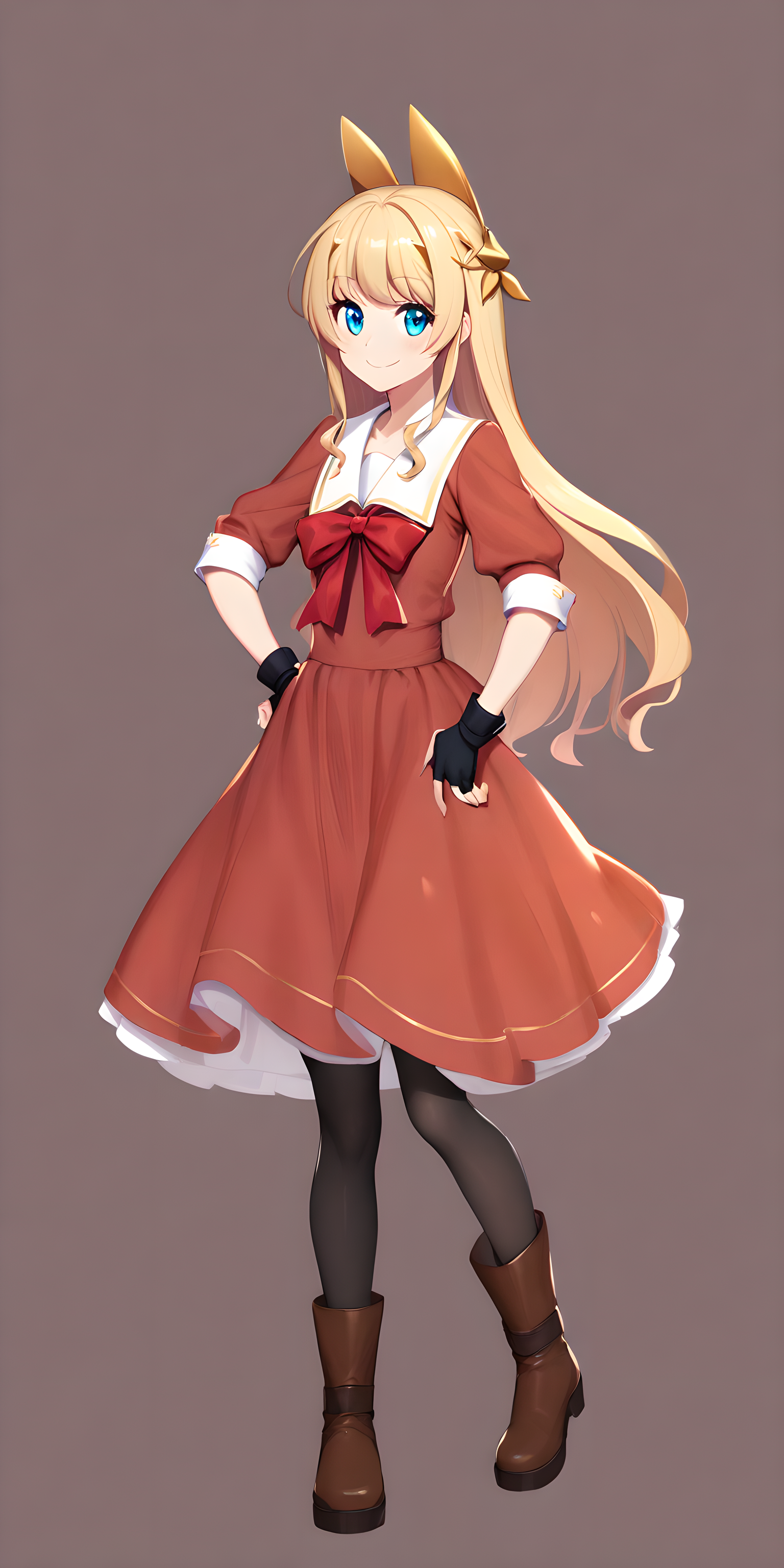 tachibana_hinata, 1girl, blonde hair, solo, long hair, gloves, smile, blue eyes, fingerless gloves, boots, pantyhose, dress, black pantyhose, full body, hand on hip, red bow, black gloves <lora:XL-TachibanaHinata:1>