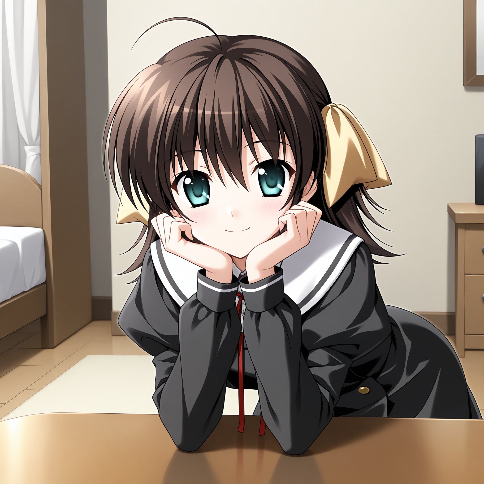 <lora:Miyamura_Miyako_1_nai-000018:1>,Miyamura Miyako,hair bow,yellow bow,
school uniform,neck ribbon,red ribbon,black dress,buttons,white sailor collar,puffy long sleeves,
BREAK
1girl,solo,front view,looking at viewer,head rest,table,indoors,leaning forward,hands on own face,smile,kneeling,bedroom,arms on table,arm support,