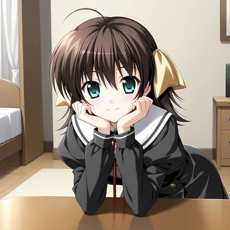 <lora:Miyamura_Miyako_1_nai-000018:1>,Miyamura Miyako,hair bow,yellow bow,
school uniform,neck ribbon,red ribbon,black dress,buttons,white sailor collar,puffy long sleeves,
BREAK
1girl,solo,front view,looking at viewer,head rest,table,indoors,leaning forward,hands on own face,smile,kneeling,bedroom,arms on table,arm support,