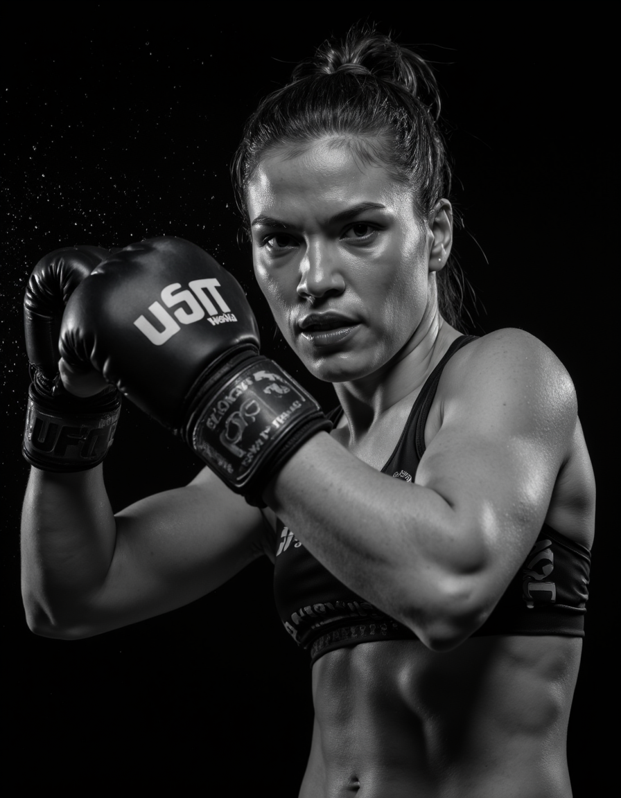 Dynamic black-and-white photograph in action sports style by Von Wong. Depicts a female MMA fighter in a powerful kickboxing pose, wearing UFC gloves and athletic gear. The image captures the intensity and motion with water droplets frozen in mid-air, creating a dramatic effect. The stark contrast between light and shadow highlights the muscle definition and determination on the fighterâs face, emphasizing the raw energy and strength. The background is entirely black, ensuring all focus remains on the subjectâs fierce movement and expression.