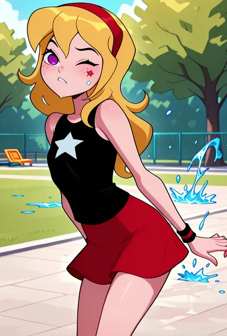 ((cartoon, screencap, )) <lora:lucysmall:1> lucysmall, solo, long hair, blonde hair, red hairband, black shirt, sleeveless, flat chest, star (symbol), purple eyes , tank top, wristband, miniskirt, red skirt, looking at viewer, dynamic pose, expressive face, facial expression, waterballoons, splash, summer, sun flare, splash effect, throwing water balloons, one eye closed, wet, outdoors, public park, public playground, facing forward, masterpiece, best quality, amazing quality, very aesthetic, absurdres, newest,