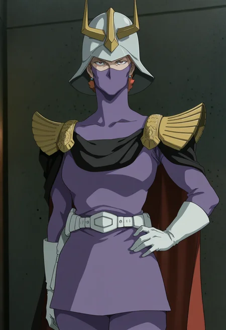 masterpiece, best quality, good quality, <lora:GOKycilia:1>, GOKycilia, 1girl, solo, orange hair, helmet, mask, ninja mask, red eyes, earrings,
purple military uniform, white belt, cape, capelet, white gloves,
looking at viewer, cowboy shot, hand on own hip, 
BREAK indoors, concrete,