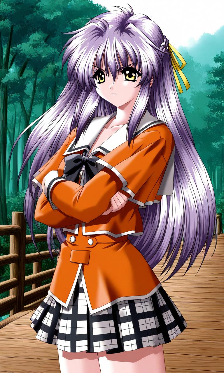 general,highres, ultra-detailed,very aesthetic,best quality ,best hands, BREAK <lora:Nishikujo_Shion_Akumu_AoiKajitsunoSange_IS:1>
Nishikujo_Shion, 1girl, solo, light purple hair, long hair, yellow eyes, hair ribbon, yellow ribbon, small breasts,
orange school uniform, ribbon, white and black skirt, outdoors, serious, crossed arms,
nature, tree, plaid, braid, plaid skirt, bow, forest, half updo, long sleeves, day, serafuku,
wood bridge,