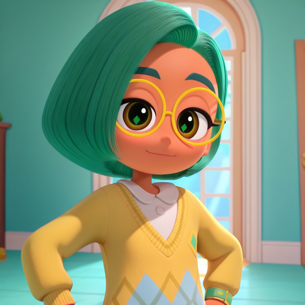 Green_Leaf, 1girl, solo, tan skin, brown eyes, short green, bobbed hair, green hair, yellow round glasses, white t-shirt, yellow long-sleeve sweater, light blue skirt, (light smile, Hands on hips, looking at viewer, indoors, elegant room, solo, dynamic pose, close-up, upper body,),