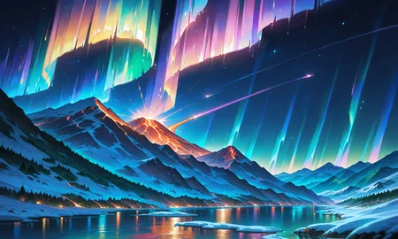 masterpiece, best quality, high quality, intricate, absurdres, very aesthetic,
no humans,
landscape, outdoors, nature, night,
mountain tops, snowy mountain, rocky mountains,
river, spring, sparkling water, mist,
lava, magma stream, volcano in background,
trees, evergreen trees, windy, visible wing, wind lines, aurora,
ultra wide angle shot, cinematic style, highly detailed, majestic, shallow depth of field, movie still, hard light, circular polarizer, colorful, wallpaper, anime