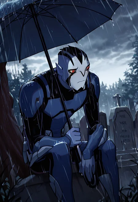 masterpiece, best quality, amazing quality, very aesthetic, absurdres, newest,
<lora:rook-10:1> rook, male focus, colored skin, alien, 1boy, yellow sclera, blue skin, white face, , red eyes, pointy ears,
blue bodysuit, armor,
sad day, gloomy sky, dark grey sky, at graveyard, holding umbrella, hand on grave, near tree, crying, close up shot, sitting under tree, near grave, tombstone, graveyard, rain,