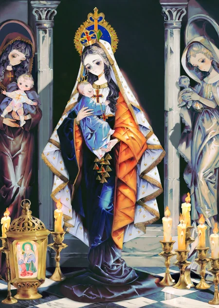 , by yogisya,  by rella
a statue of Mary holding  baby Jesus,  surrounded by candles, baroque dark art,  
black marble intricated with gold,  
shadows, high contrast, rim light
masterpiece, best quality, high quality, highres, absurdres, very detailed, high resolution, sharp, sharp image, 8k, vivid, colorful, stunning, anime