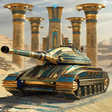 pharaotech future tanks of the Egyptian Empire in the background the ruler's palace <lora:pharaotech:1>