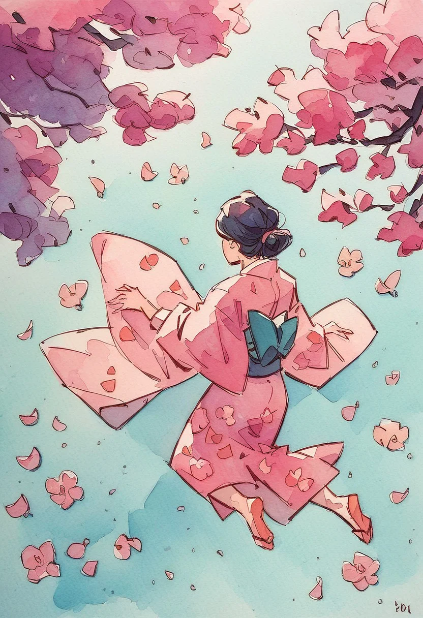 score_9, score_8_up, score_7_up, score_6_up, watercolor painting, cat in a kimono, soft colors, falling cherry blossoms