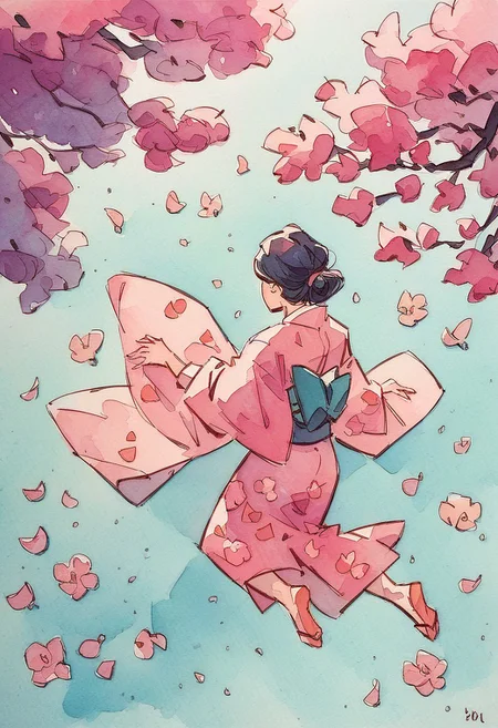 score_9, score_8_up, score_7_up, score_6_up, watercolor painting, cat in a kimono, soft colors, falling cherry blossoms
