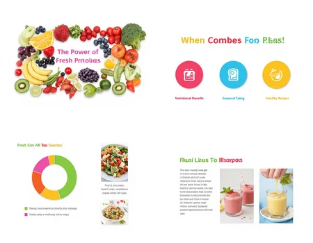 This set of four images highlights a vibrant and health-conscious PowerPoint template focused on fruits and vegetables; [IMAGE1] features a cover slide titled âThe Power of Fresh Produceâ with a colorful collage of fruits and vegetables on a clean, white background; [IMAGE2] organizes sections like âNutritional Benefits,â âSeasonal Eating,â and âHealthy Recipesâ with bright, cheerful icons; [IMAGE3] includes a pie chart showcasing daily recommended servings of fruits and veggies; [IMAGE4] presents a recipe slide with images of salads and smoothies, alongside quick tips for maintaining a balanced diet.