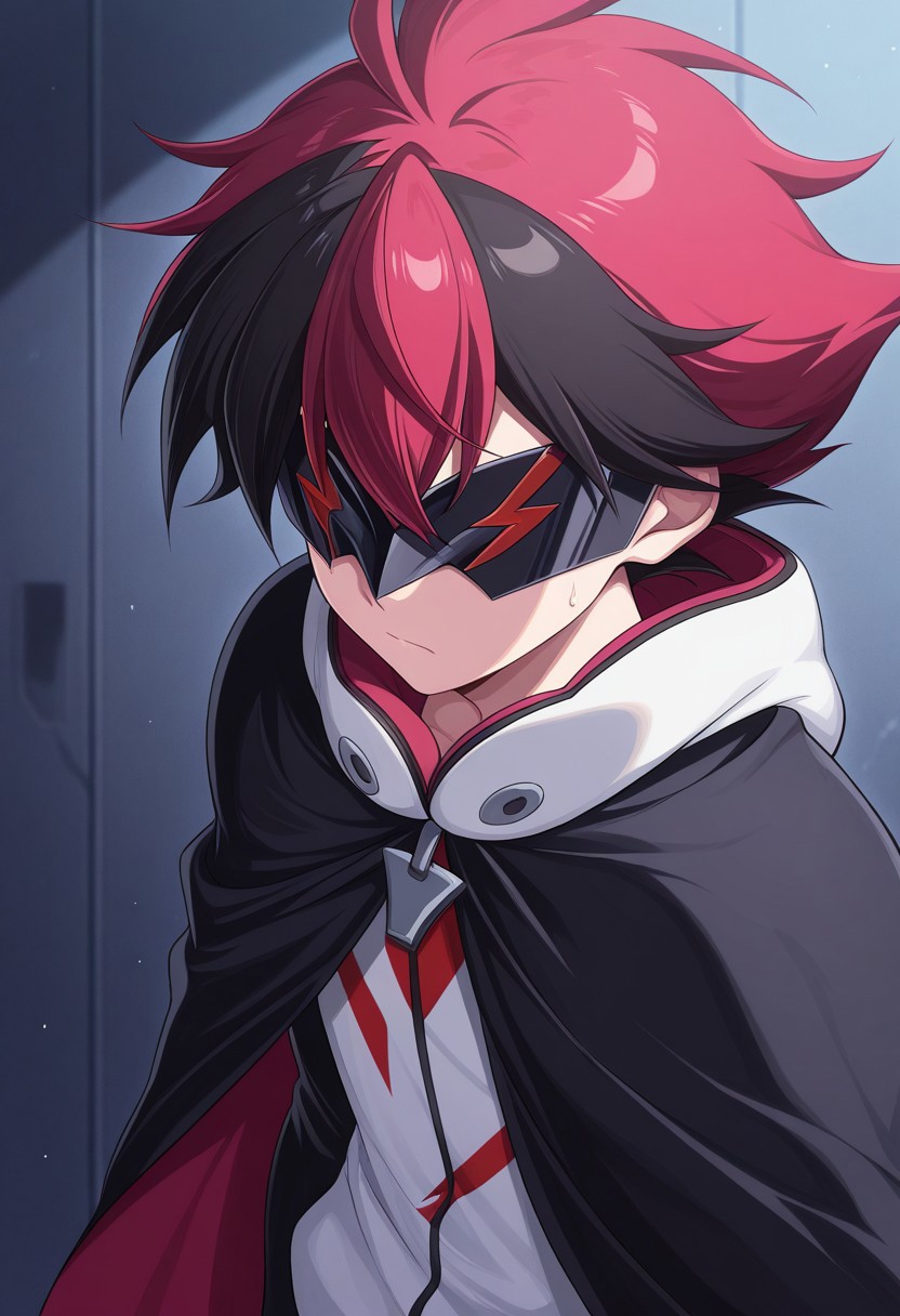 masterpiece,best quality,amazing quality, source_anime,
hiroryuga, 1boy, male focus, solo, multicolored hair, red hair, black hair, eye mask, hoodie, white hoodie, hood, cape, black cape,
