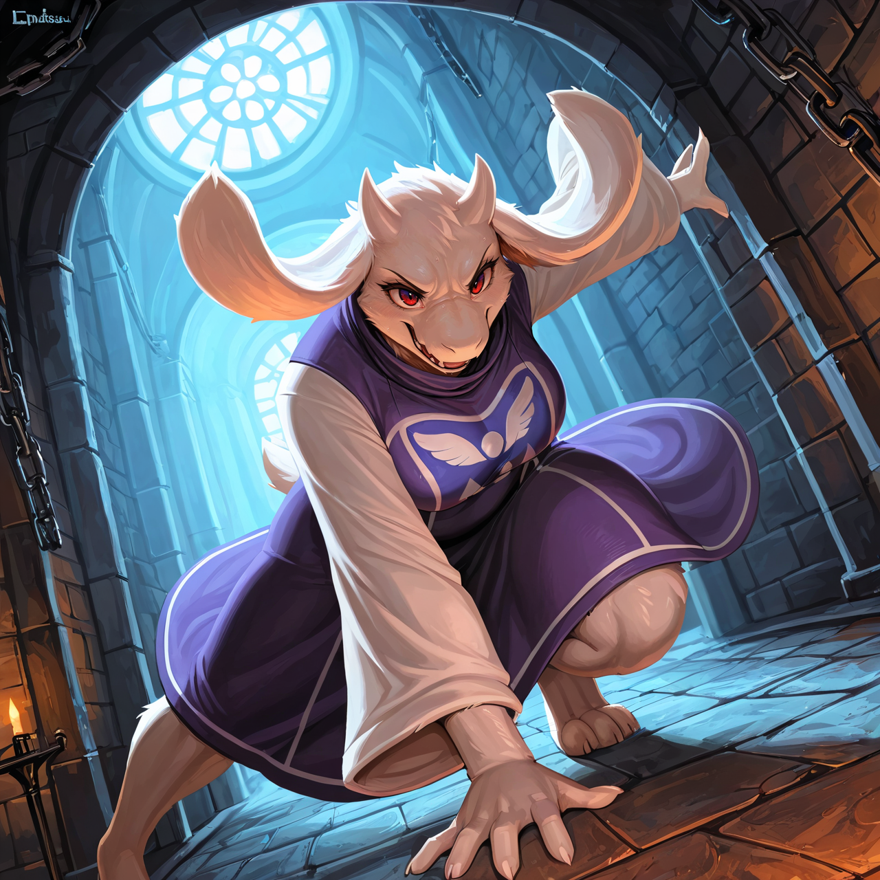 masterpiece, best quality, high quality, very aesthetic, very awa ,  anthro, solo ,female , toriel ,  dungeon , clothed, (detailed background:1.2),  (dynamic angle:1.2) , (badass:1.1) , (epic:1.2), (dynamic pose:1.2),  front view ,