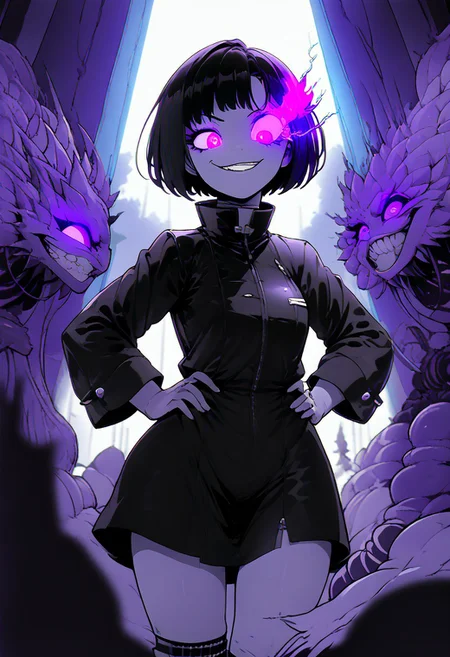 source_anime,rating_explecit,anime coloring, 1girl , solo woman, short hair, silky hair, black hair ,spiky hair, medium breast, long flowing black raincoat, standing, no pants, black and magenta stripped knee socks, hands on hips, confident, leaning forward slightly, looking down at another, ((view from the side, side view)), wide stance, ((vivid glowing magenta eyes)), score_9, score_8_up, score_7_up, score_6_up, score_5_up, score_4_up, Goth girl, black lipstick، unnatural grin, full body, demonic background, hellscape, eyes in background, floating eyes, dark shadows, creepy scenery, blurry background, knva, ((grinning, smug expression)), crackling magenta lightning racing on the floor, heavy shadows on the floor, static in shadows, ultra detailed, neolight, <lyco:EnvyGoth01:1>, cowboy shot, Depth of field, BREAK (mult13y3, multiple eyes, eyes, tentacle eyes, background eyes:1.2)  lighting, volumetric lighting, electricity, glowing eyes, purple glowing eyes, purple flaming eye, purple eye trail, wide smirk,  (UHD quality:1.1),
<lora:Sinozick_Style_XL_Pony:0.8> <lora:LineArt Mono Style LoRA_Pony XL v6:0.5> <lora:IncaseLycoXL:0.5> <lora:Granblue_Fantasy_Style_XLv4:0.5> <lora:Flaming:1><lora:PDXL Multi Eye:0.9> (hips:1.3), (masterpiece:1.2), (highly detailed:1.2), (intricate:1.2), (best quality:1.2),(8k:1.2), (sharp:1.2), (majestic:1.2), natural lighting, detail++