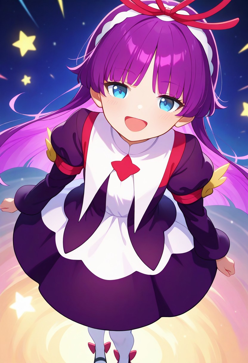 <lora:PFeli_SDXL_Illustrious01_fp16_ver01:1>,PFeli, 1girl, long hair,purple hair, pantyhose, dress,red ribbon, blue eyes, black footwear,long sleeves, red bow,hairband, smile,open mouth,close eyes,, masterpiece, best quality, very aesthetic, absurdres,<lora:detailed_hands:1>,hand