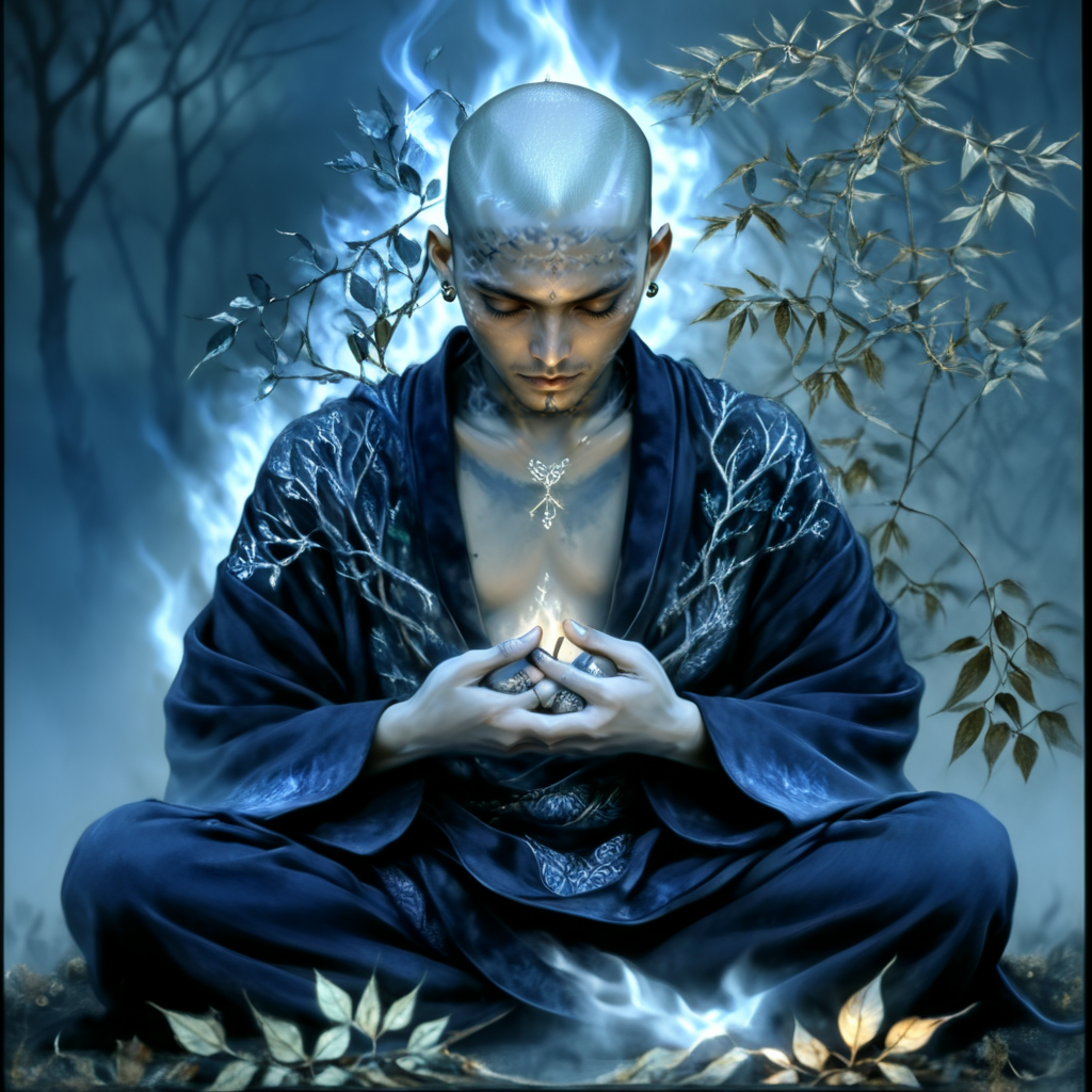 <lora:Ethereal_Gothic_EleganceSDXL:1> Ethereal Gothic Elegance, The image is a digital art piece that appears to be a representation of a person sitting in a meditative pose. The person is bald and is wearing a dark blue robe with intricate patterns and designs. They are sitting on a bed of leaves and branches with their hands clasped together in front of them. The background is a dark foggy landscape with a hint of smoke and flames. The overall mood of the image is mystical and mystical., solo, male focus, 1boy, bald, sitting, indian style, japanese clothes, jewelry, fire, smile