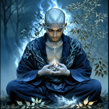 <lora:Ethereal_Gothic_EleganceSDXL:1> Ethereal Gothic Elegance, The image is a digital art piece that appears to be a representation of a person sitting in a meditative pose. The person is bald and is wearing a dark blue robe with intricate patterns and designs. They are sitting on a bed of leaves and branches with their hands clasped together in front of them. The background is a dark foggy landscape with a hint of smoke and flames. The overall mood of the image is mystical and mystical., solo, male focus, 1boy, bald, sitting, indian style, japanese clothes, jewelry, fire, smile