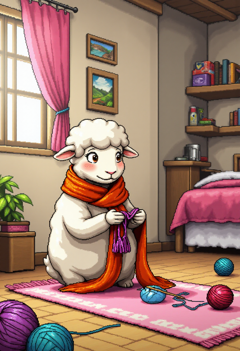<lora:KFT_2d_Pixel_Style_FLUX-000017:1>
The image is a vibrant kftpxl pixel art illustration featuring    A sheep knitting a scarf in a cozy room with yarn balls scattered around.