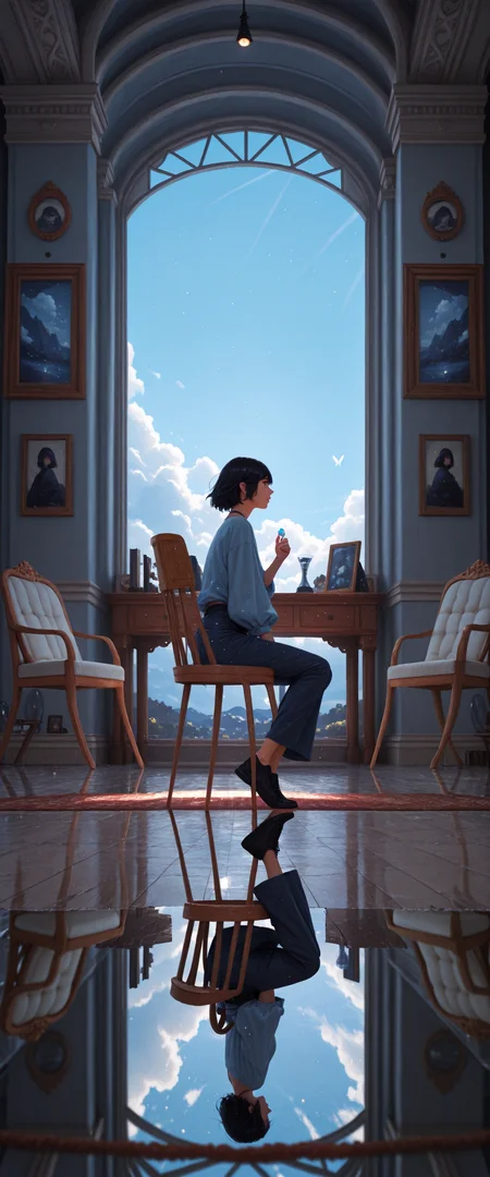 (depth of field, bokeh, highly detailed, textured clothing, absurdres, masterpiece, high_quality, newest, incredibly_absurdres, very_aesthetic, depth_of_field, blurry, blurry_background, bloom, blender_\(artwork\), zbrush_\(artwork\), digital_painting_\(artwork\) light_particles, raytraced, volumetric_lighting)
(1girl, omfv2, wind_lift, windy, light_theme, day, sunbeam, sunlight, sitting, painterly, holding gem, reflection, black hair, solo, sky, inside, museum, display case, rug, marble_floor, art gallery, 1girl, chair, scenery, water, short hair, cloud, bug, day, outdoors, blue sky, blue theme, book, shoes, pants)
