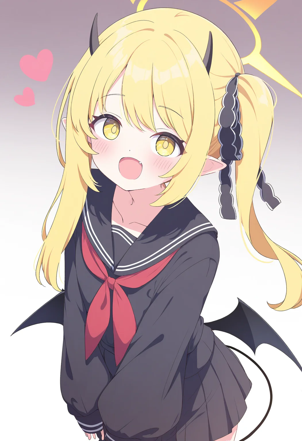 1girl, ibuki \(blue archive\), blue archive,
solo, serafuku, alternate costume, cowboy shot, ribbon, blush, pointy ears, neckerchief, hair ribbon, sleeves past wrists, yellow eyes, blonde hair, smile, school uniform, simple background, long hair, :d, tail, side ponytail, long sleeves, wings, black skirt, black serafuku, heart, looking at viewer, white background, horns, demon tail, skirt, demon girl, halo, collarbone, red neckerchief, shirt, open mouth, black shirt, demon wings, yellow ribbon, demon horns, pleated skirt, fangs,
masterpiece, best quality, newest, highres, absurdres
<lora:Siro9_noobesp11_4-000015:1>