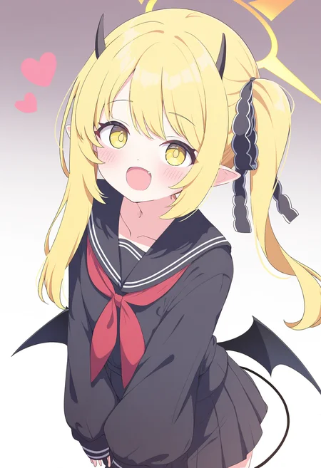 1girl, ibuki \(blue archive\), blue archive,
solo, serafuku, alternate costume, cowboy shot, ribbon, blush, pointy ears, neckerchief, hair ribbon, sleeves past wrists, yellow eyes, blonde hair, smile, school uniform, simple background, long hair, :d, tail, side ponytail, long sleeves, wings, black skirt, black serafuku, heart, looking at viewer, white background, horns, demon tail, skirt, demon girl, halo, collarbone, red neckerchief, shirt, open mouth, black shirt, demon wings, yellow ribbon, demon horns, pleated skirt, fangs,
masterpiece, best quality, newest, highres, absurdres
<lora:Siro9_noobesp11_4-000015:1>