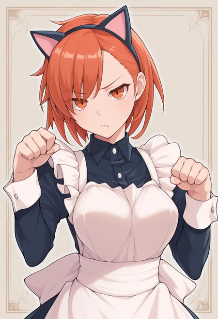 masterpiece, best quality, solo, 1girl, annoyed, looking at viewer, <lora:Yuzu-illus_Fp:1>, yuzu, short hair, orange hair, orange eyes, fake animal ears, cat ears, maid, paw pose,