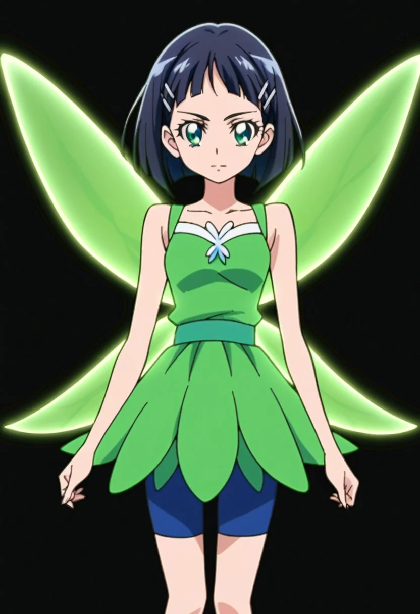 score_9, score_8, score_7, source_anime, 1girl, solo, pretty cure, suguha kirigaya, short hair, black hair, hair ornament, hairclip, green eyes, blue shorts, bike shorts, bike shorts under skirt, green dress, fairy wings, fairy, multiple wings, spread wings, energy wings, glowing wings, green wings,
