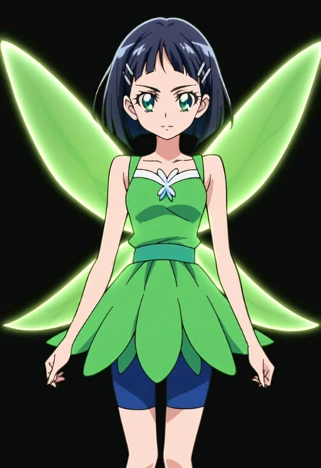 score_9, score_8, score_7, source_anime, 1girl, solo, pretty cure, suguha kirigaya, short hair, black hair, hair ornament, hairclip, green eyes, blue shorts, bike shorts, bike shorts under skirt, green dress, fairy wings, fairy, multiple wings, spread wings, energy wings, glowing wings, green wings,