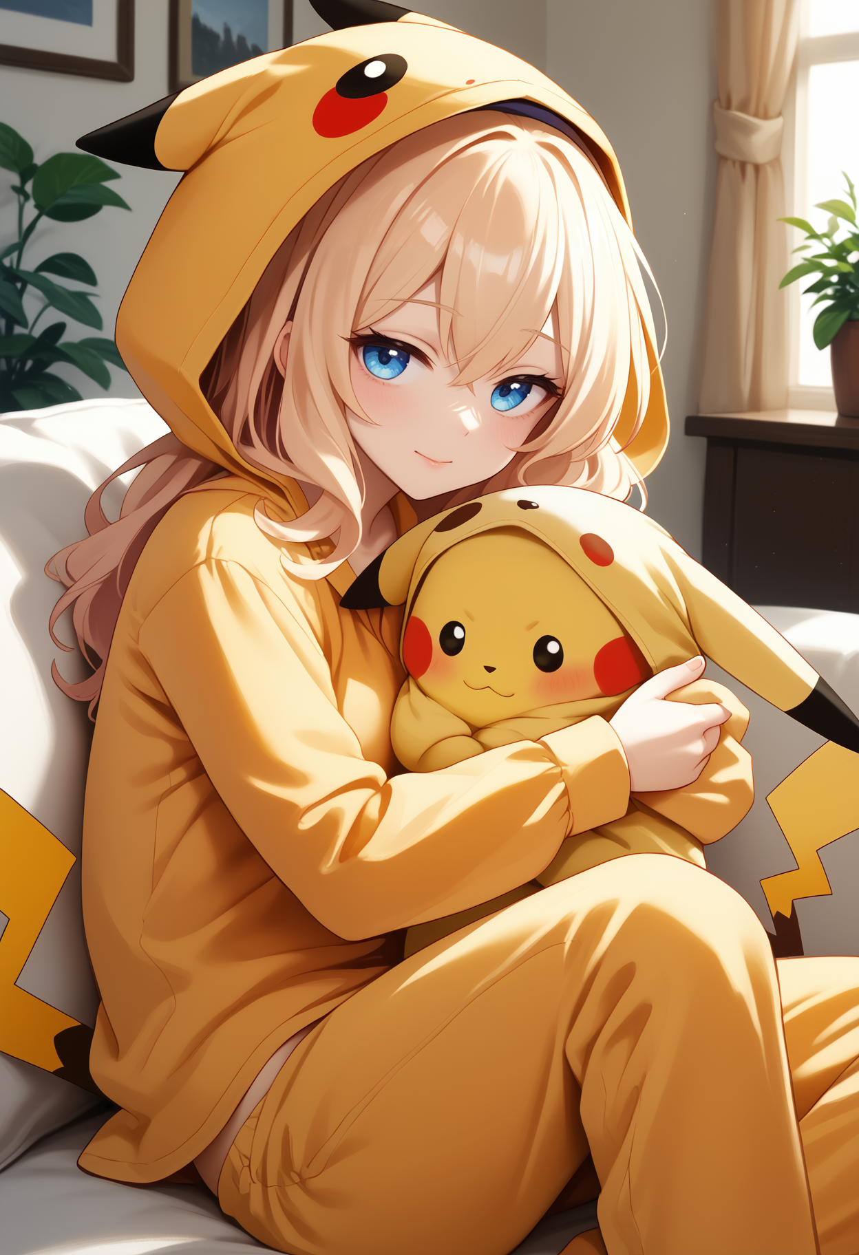 score_9, score_7_up, score_8_up, score_6_up, score_5_up, livingroom, couch
BREAK leander, pajamas, hood, pikachu cosplay, yellow onesie, long sleeves, snuggling, pillow hug
<lora:Leander-AzurLane_ponyXL_v10:0.8> <lora:PikachuCosplay_ponyXL_v10:1>