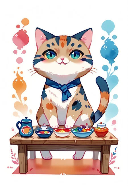 score_7_up, score_8_up, score_9, (full body:1.15), cat, animal kitten, chibi animal cat, Kus1cat, Chibi Art Style, furr,
cute cat, game character, very cute, chef, watercolor style,
(Wooden table with colorful tablecloths detailed background:1.19), HQ,