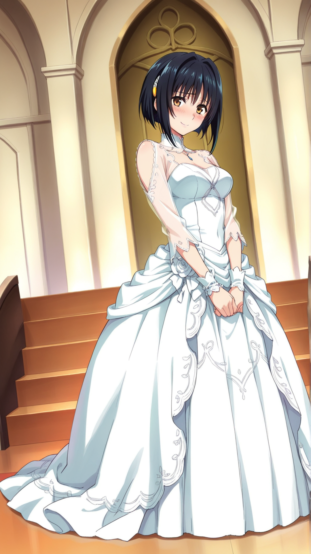source_anime, general, best quality, masterpiece, 1girl,  <lora:katia_grinead_ill:1> katia_grignard,brown eyes,black hair,short hair,hair ornament,wedding dress,chapel, dutch angle, full body, smile,  embarrassed,