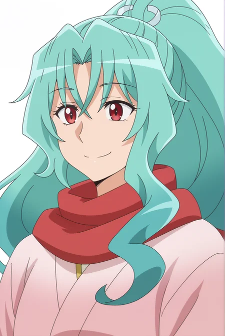 <lora:Tomoe:0.8>, white background, upper body, Tomoe, smile, scarf