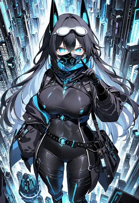 Best quality, masterpiece, sci-fi abyss city with extremely dim lights above, one girl with round huge breasts, pointing up, floating, long scarf, jet black long messy hair, overmasked 1.2, mask covered mouth, only one pair of glowing pure white round goggles over eyes, black full bodysuit with belts and pockets, corset, baggy jacket, slim waist, slim belly, tight pants, thick clavicle, thick hips, thick thighs, long boots
