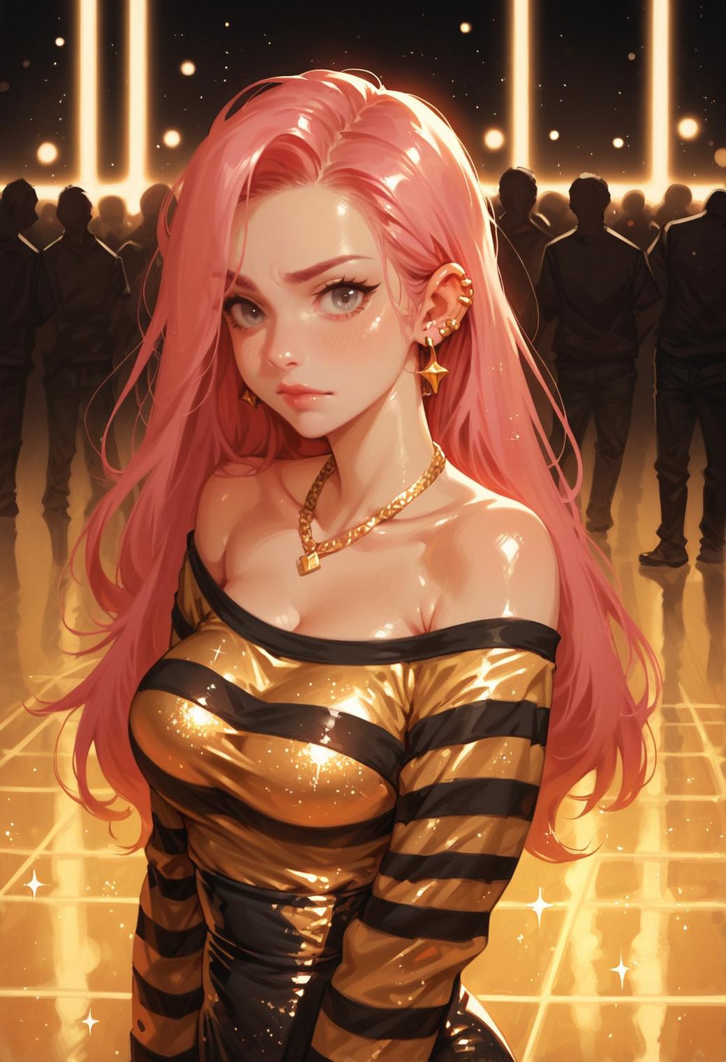 gold background, gold lights, shiny skin, indoors, depth of field, , nightclub, party, indoors, dynamic lighting, dancefloor,  crowd, spotlight,  rave,  (gold floor, tiled floor:1.3)  stage lights, reflection,
1girl, pink hair, solo, striped clothes, gold jewelry, earrings, long hair, bare shoulders, gold striped dress, striped sleeves, upper body, gold shirt, piercing, breasts, necklace,  collarbone, ear piercing, closed mouth, blush, grey eyes, off shoulder, long sleeves,  from side
, sparkle, light light particles, glitter, bokeh, disco dress, (crowd:1.2) on_stage, shiny clothes, black dress,, zPDXL3, detailxl,  Score_PnyReal, (lineless:1.5)