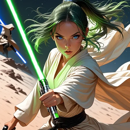 multicolored hair, Green hair with dark green streaks, high ponytail with face-framing tendrils, shoulder length hair, silk like hair, bright blue eyes, pale clean skin, medium breasts, oval face, tanned, tan lines, perfect eyes, cute nose, small, slim, detailed background, jedi robe, green lightsaber, swinging lightsaber, blooking laser shot, reflecting laser shot, action pose,