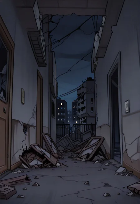 masterpiece, best quality,
<lora:Inusen:1>
1n0s3n, nobody on screen, apartament exterior destroyed background, drawned in inusen style, night, dutch angle of an exterior corridor from a apartment building,