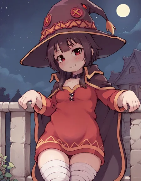 score_9,score_8_up,score_7_up, <lora:Ibukichi_Artist:1>, solo, cute smile, red_eyes, megumin, small_breasts, half-closed_eyes,witch_hat,bandaged_leg,night_sky, moonlight, leaning on the balcony ,
