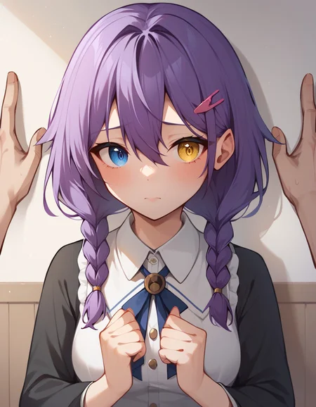 score_9, score_8_up, score_7_up, duo, 1girl, solo focus, purple hair, looking to the side, blue eyes, yellow eyes, heterochromia, medium hair, medium breasts, hairclip, bangs, hair between eyes, braids, looking at viewer, pov, pov hands, kabedon, <lora:KabedompovPonyXL:1>, blush, embarrassed