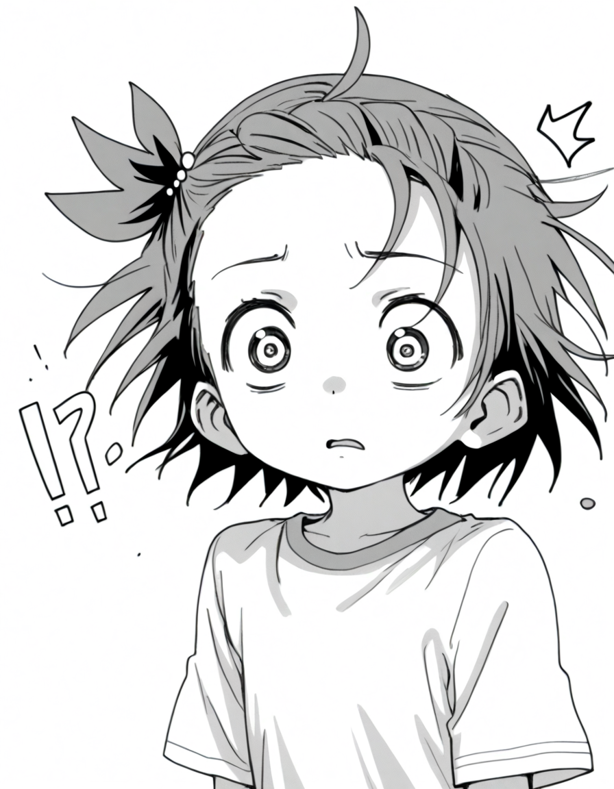 <lora:YuitsukaInori_pony_v01:0.8> yuitsuka inori, 1girl, solo, monochrome, greyscale, deformed, wide-eyed, surprised, confused,