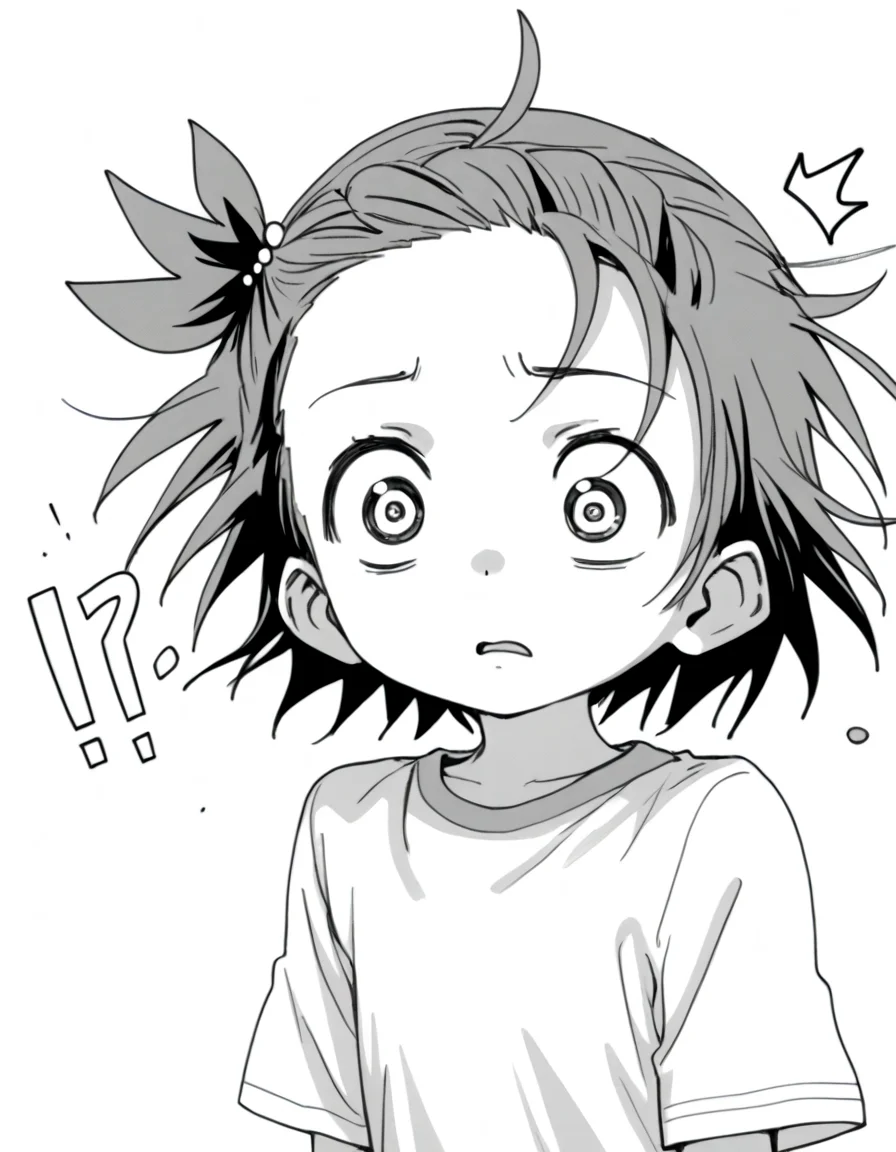<lora:YuitsukaInori_pony_v01:0.8> yuitsuka inori, 1girl, solo, monochrome, greyscale, deformed, wide-eyed, surprised, confused,