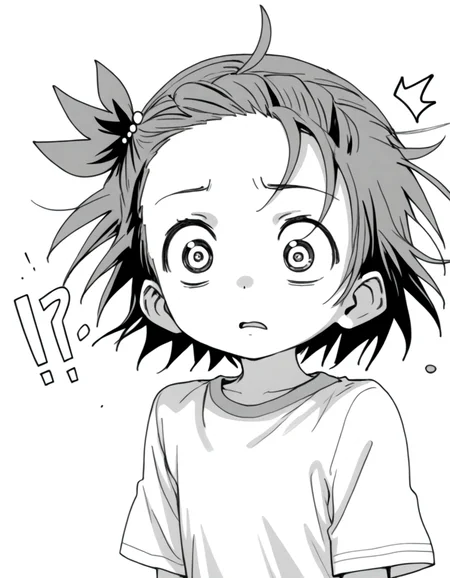 <lora:YuitsukaInori_pony_v01:0.8> yuitsuka inori, 1girl, solo, monochrome, greyscale, deformed, wide-eyed, surprised, confused,